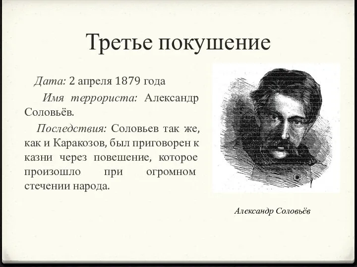 Третье покушение Дата: 2 апреля 1879 года Имя террориста: Александр Соловьёв.