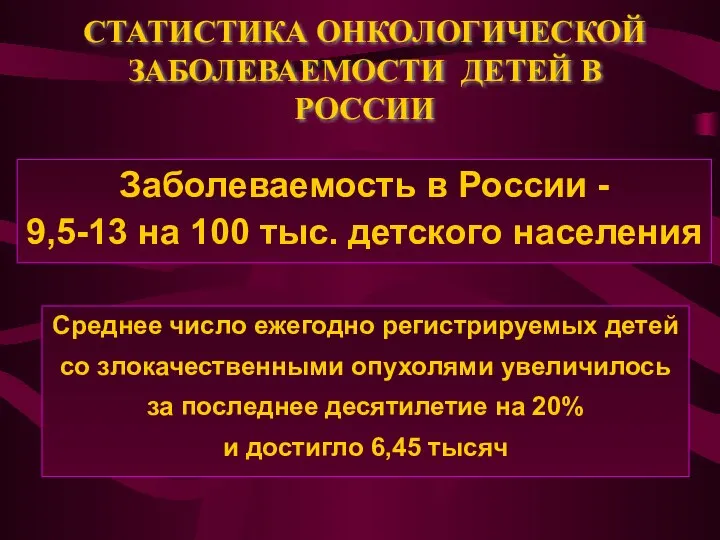 СТАТИСТИКА ОНКОЛОГИЧЕСКОЙ ЗАБОЛЕВАЕМОСТИ ДЕТЕЙ В РОССИИ Заболеваемость в России - 9,5-13