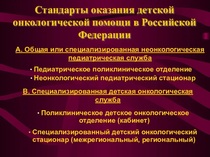 Стандарты оказания детской онкологической помощи в Российской Федерации Педиатрическое поликлиническое отделение