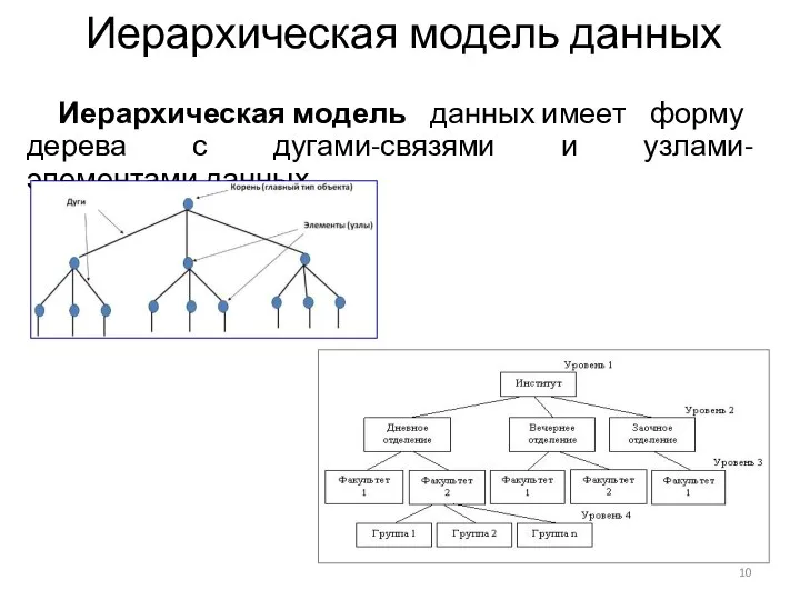 Иерархическая модель данных Иерархическая модель данных имеет форму дерева с дугами-связями и узлами-элементами данных.