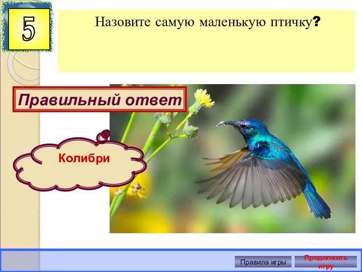 Назовите самую маленькую птичку? 5 Правильный ответ Колибри Правила игры Продолжить игру