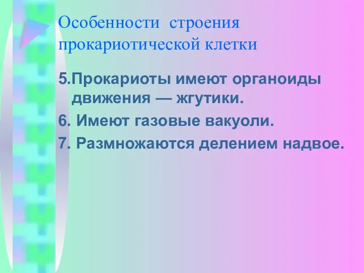 Особенности строения прокариотической клетки 5.Прокариоты имеют органоиды движения — жгутики. 6.