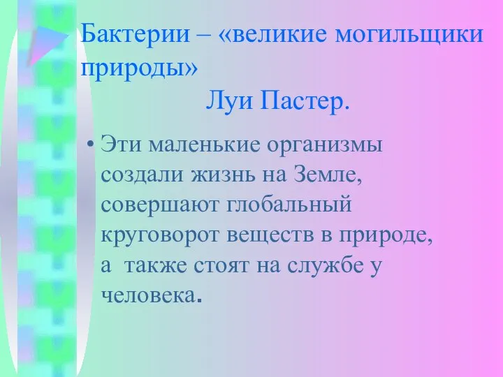 Бактерии – «великие могильщики природы» Луи Пастер. Эти маленькие организмы создали