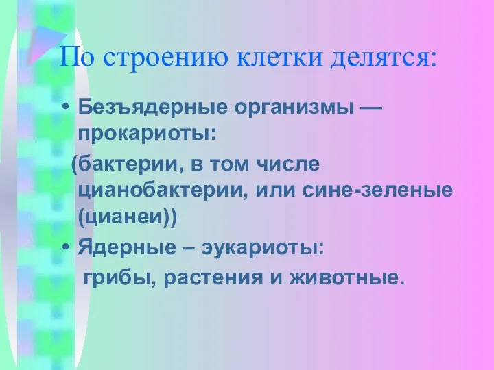 По строению клетки делятся: Безъядерные организмы — прокариоты: (бактерии, в том