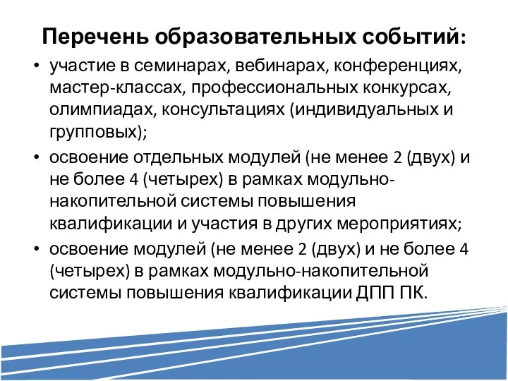 Перечень образовательных событий: участие в семинарах, вебинарах, конференциях, мастер-классах, профессиональных конкурсах,