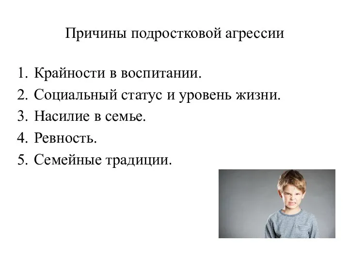 Причины подростковой агрессии Крайности в воспитании. Социальный статус и уровень жизни.