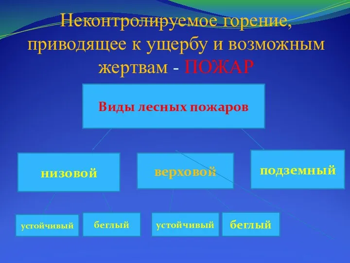 Неконтролируемое горение, приводящее к ущербу и возможным жертвам - ПОЖАР Виды