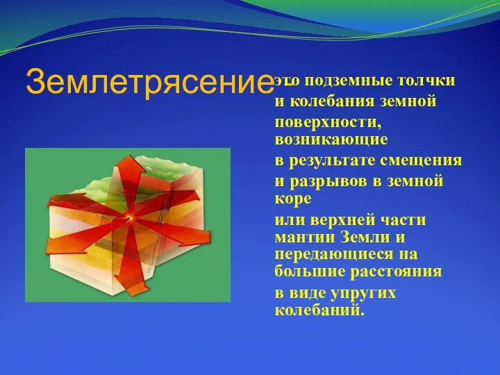 Землетрясение - это подземные толчки и колебания земной поверхности, возникающие в