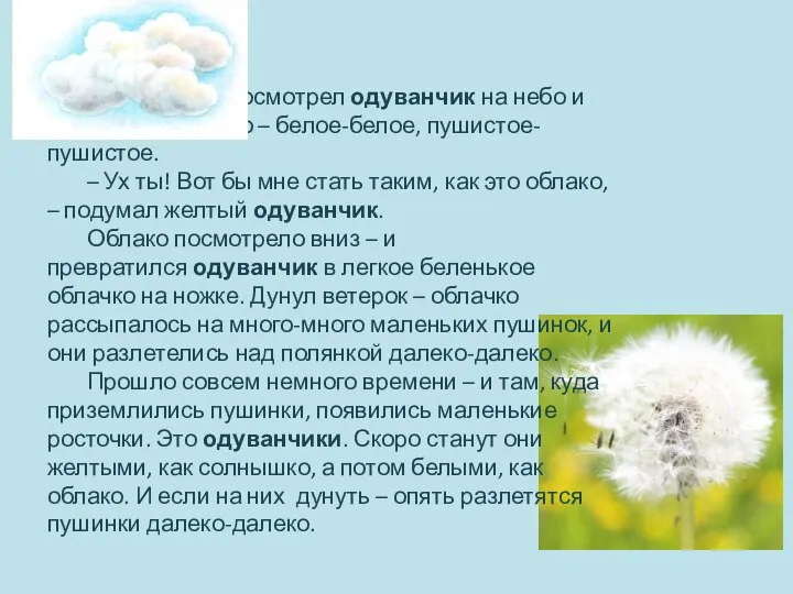 Но однажды посмотрел одуванчик на небо и увидел там облако –