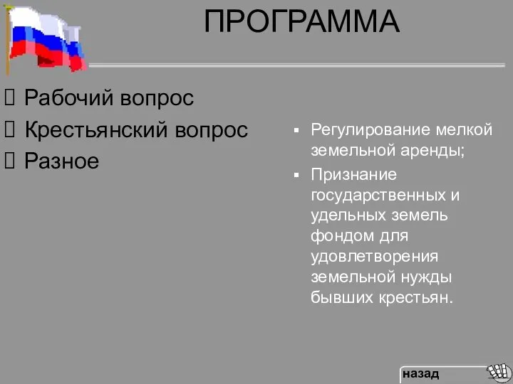 ПРОГРАММА Рабочий вопрос Крестьянский вопрос Разное Регулирование мелкой земельной аренды; Признание