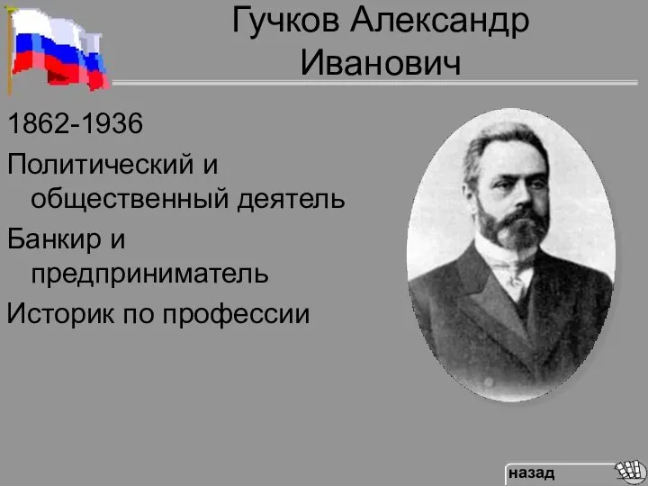 Гучков Александр Иванович 1862-1936 Политический и общественный деятель Банкир и предприниматель Историк по профессии