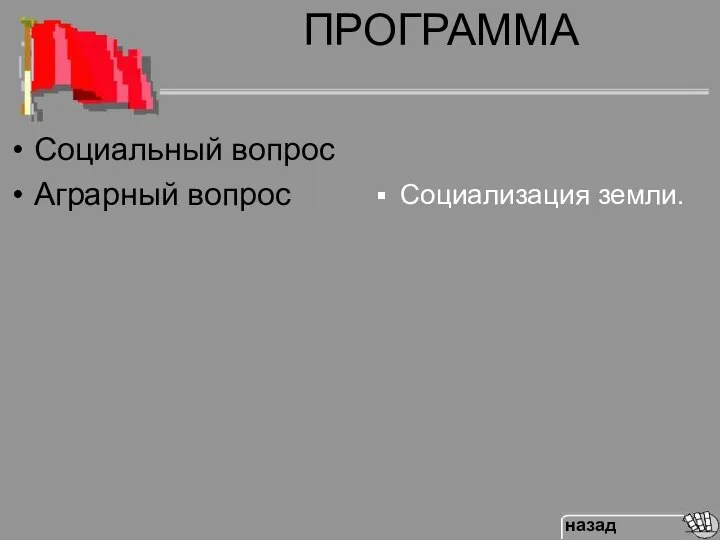 ПРОГРАММА Социализация земли. Социальный вопрос Аграрный вопрос