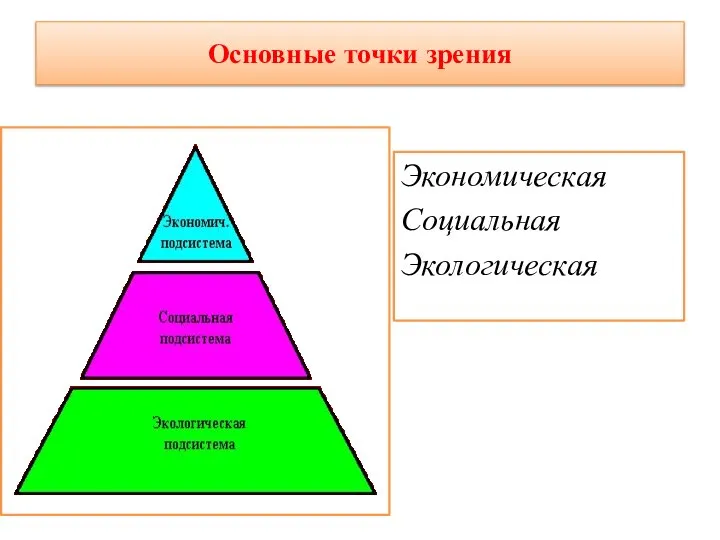 Основные точки зрения Экономическая Социальная Экологическая