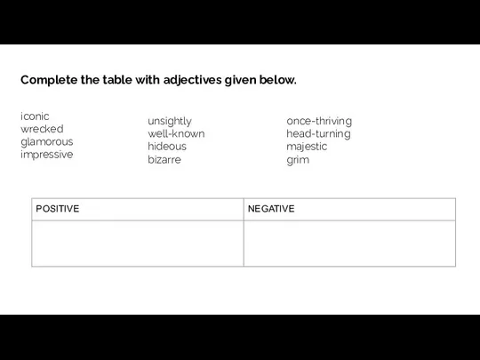 Complete the table with adjectives given below. iconic wrecked glamorous impressive