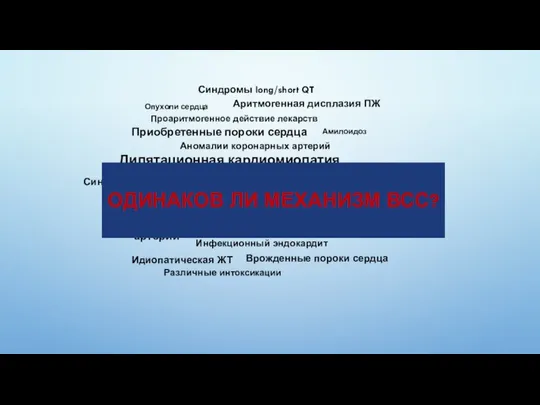 ИШЕМИЧЕСКАЯ БОЛЕЗНЬ СЕРДЦА Дилятационная кардиомиопатия Опухоли сердца Идиопатическая ЖТ Аритмогенная дисплазия