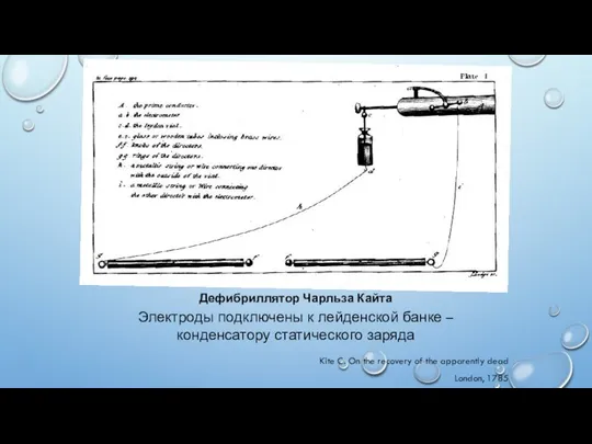 Дефибриллятор Чарльза Кайта Электроды подключены к лейденской банке – конденсатору статического