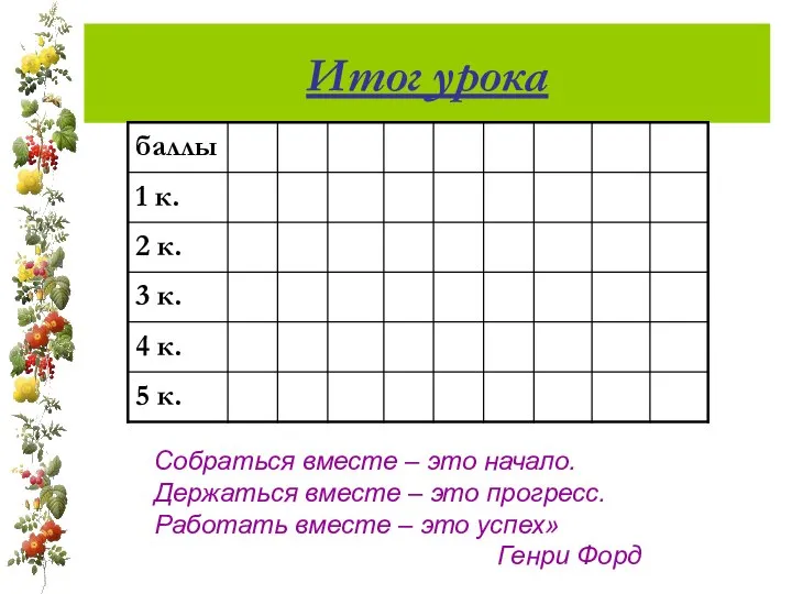 Итог урока Собраться вместе – это начало. Держаться вместе – это