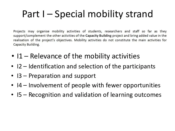 Part I – Special mobility strand I1 – Relevance of the