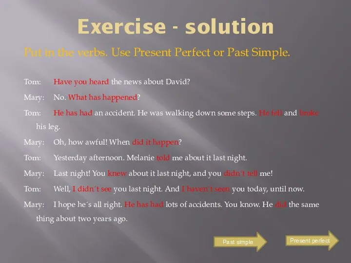 Exercise - solution Put in the verbs. Use Present Perfect or