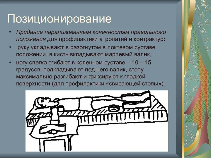 Позиционирование Придание парализованным конечностям правильного положения для профилактики атропатий и контрактур: