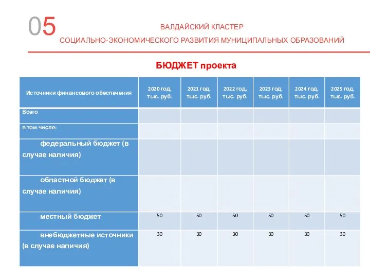 05 ВАЛДАЙСКИЙ КЛАСТЕР СОЦИАЛЬНО-ЭКОНОМИЧЕСКОГО РАЗВИТИЯ МУНИЦИПАЛЬНЫХ ОБРАЗОВАНИЙ БЮДЖЕТ проекта