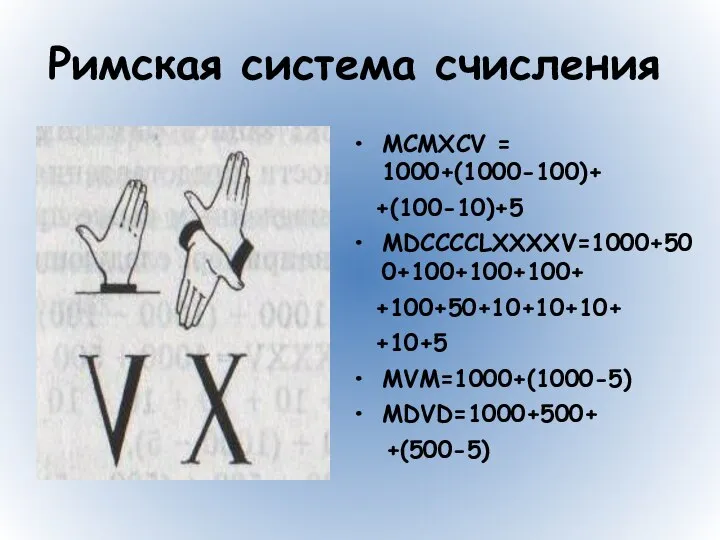 Римская система счисления MCMXCV = 1000+(1000-100)+ +(100-10)+5 MDCCCCLXXXXV=1000+500+100+100+100+ +100+50+10+10+10+ +10+5 MVM=1000+(1000-5) MDVD=1000+500+ +(500-5)