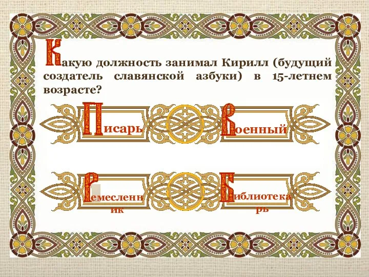 акую должность занимал Кирилл (будущий создатель славянской азбуки) в 15-летнем возрасте? иблиотекарь оенный исарь емесленник