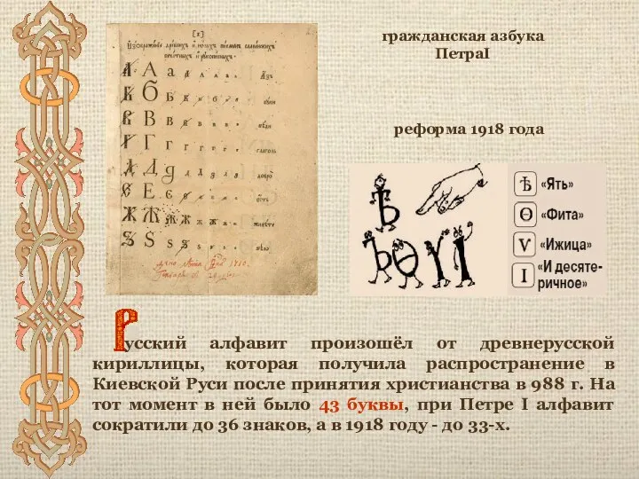 гражданская азбука ПетраI реформа 1918 года усский алфавит произошёл от древнерусской