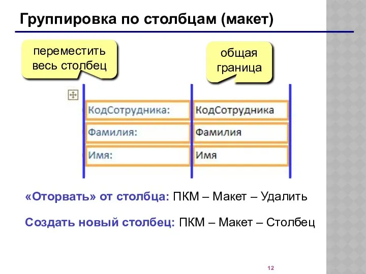 Группировка по столбцам (макет) общая граница переместить весь столбец «Оторвать» от