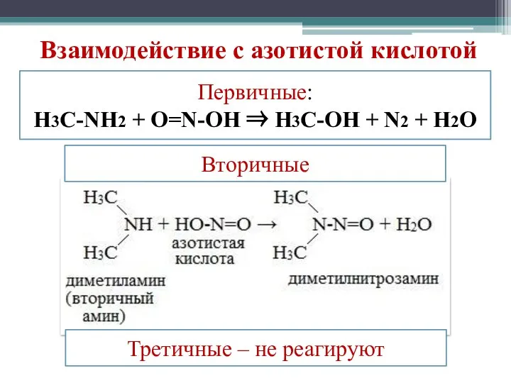 Взаимодействие с азотистой кислотой Первичные: H3C-NH2 + O=N-OH ⇒ H3C-OH +