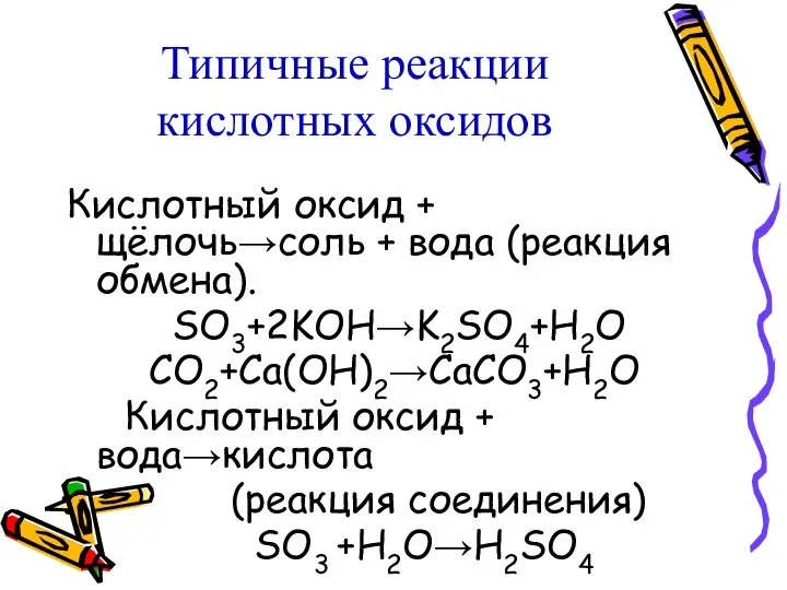 Типичные реакции кислотных оксидов Кислотный оксид + щёлочь→соль + вода (реакция