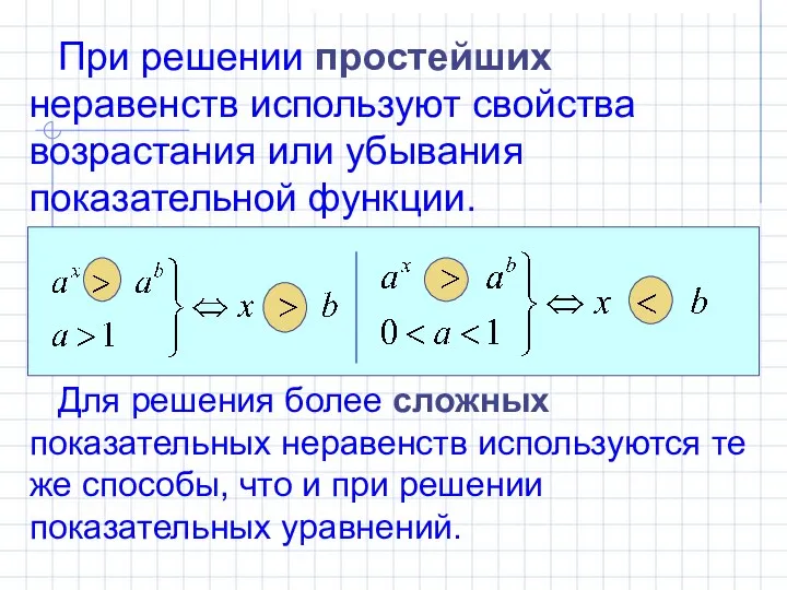 При решении простейших неравенств используют свойства возрастания или убывания показательной функции.