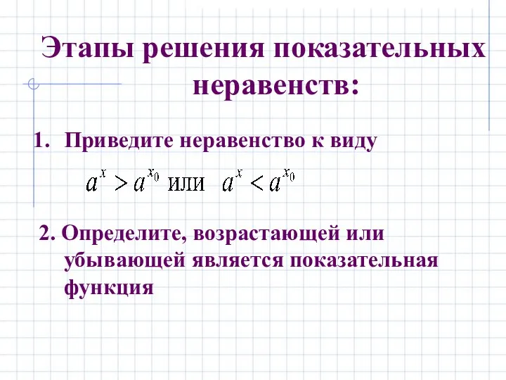 Этапы решения показательных неравенств: Приведите неравенство к виду 2. Определите, возрастающей или убывающей является показательная функция