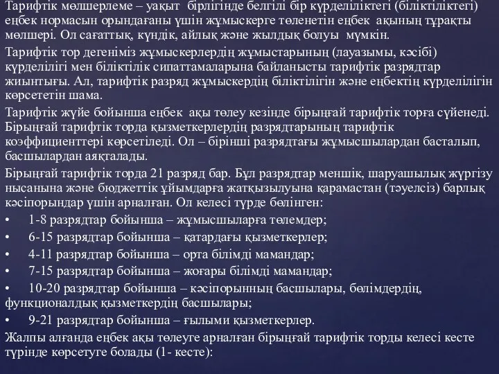 Тарифтік мөлшерлеме – уақыт бірлігінде белгілі бір күрделіліктегі (біліктіліктегі) еңбек нормасын