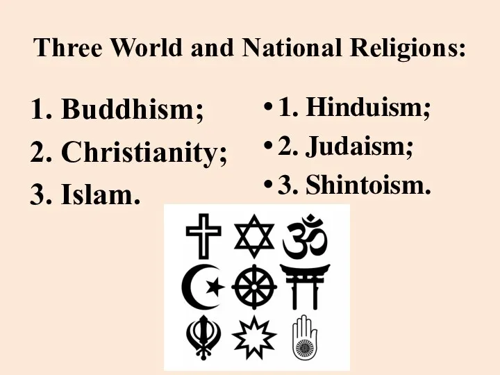 Three World and National Religions: 1. Buddhism; 2. Christianity; 3. Islam.