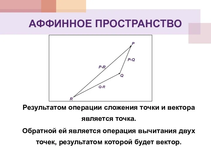 АФФИННОЕ ПРОСТРАНСТВО Результатом операции сложения точки и вектора является точка. Обратной