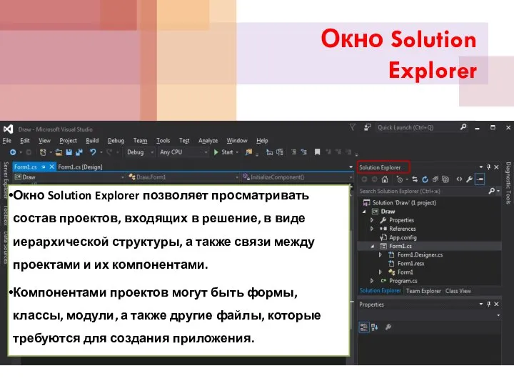 Окно Solution Explorer Окно Solution Explorer позволяет просматривать состав проектов, входящих