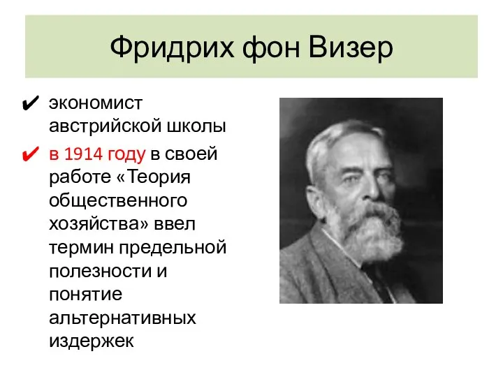 Фридрих фон Визер экономист австрийской школы в 1914 году в своей