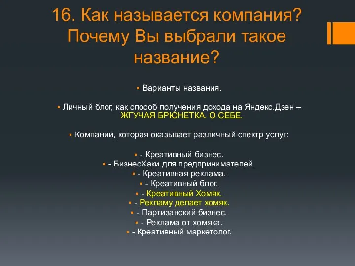 16. Как называется компания? Почему Вы выбрали такое название? Варианты названия.