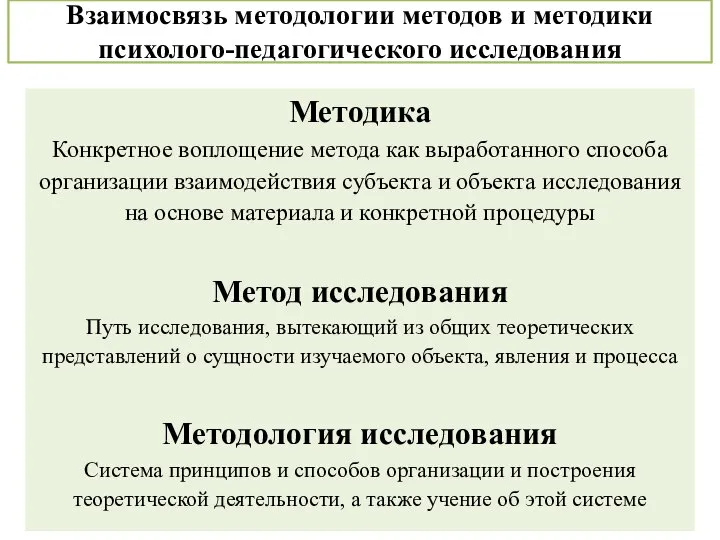 Взаимосвязь методологии методов и методики психолого-педагогического исследования Методика Конкретное воплощение метода