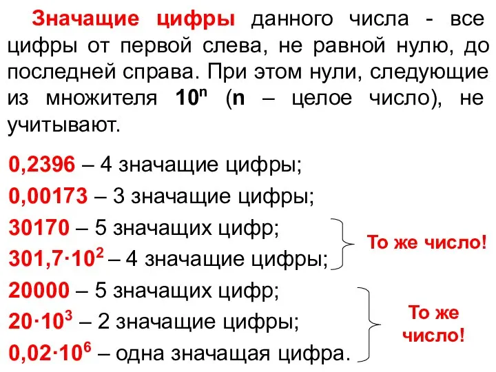 0,2396 – 4 значащие цифры; 0,00173 – 3 значащие цифры; 30170