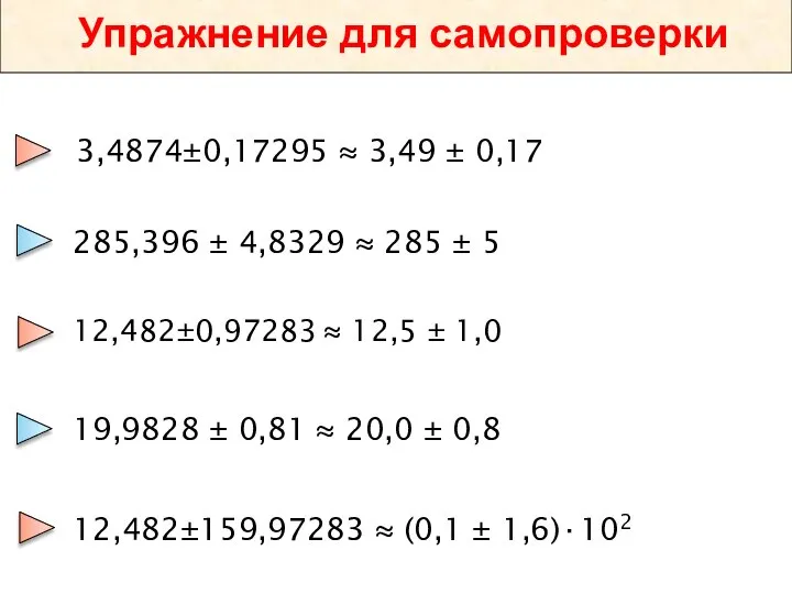 Упражнение для самопроверки 3,4874±0,17295 ≈ 3,49 ± 0,17 285,396 ± 4,8329