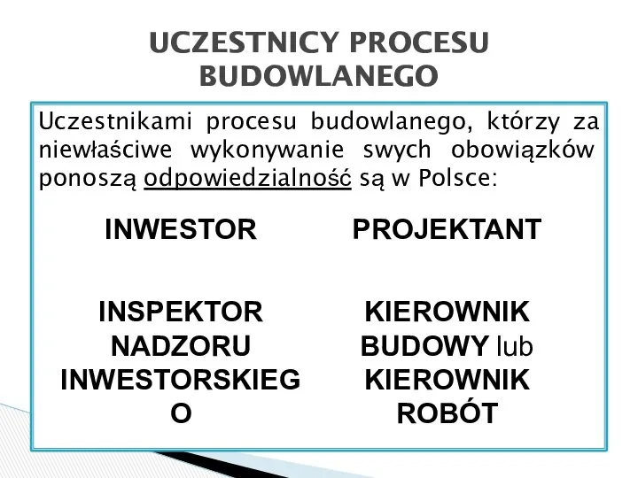 Uczestnikami procesu budowlanego, którzy za niewłaściwe wykonywanie swych obowiązków ponoszą odpowiedzialność