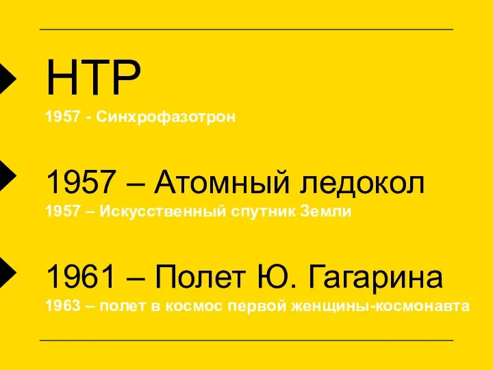 НТР 1957 - Синхрофазотрон 1961 – Полет Ю. Гагарина 1963 –