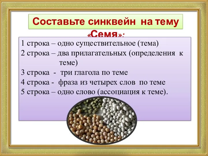 Составьте синквейн на тему «Семя»: 1 строка – одно существительное (тема)