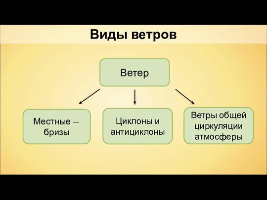 Ветер Местные — бризы Циклоны и антициклоны Ветры общей циркуляции атмосферы Виды ветров