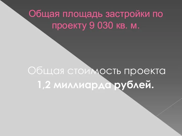 Общая площадь застройки по проекту 9 030 кв. м. Общая стоимость проекта 1,2 миллиарда рублей.