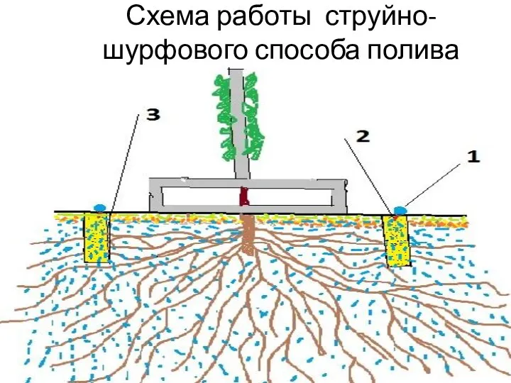 Схема работы струйно-шурфового способа полива