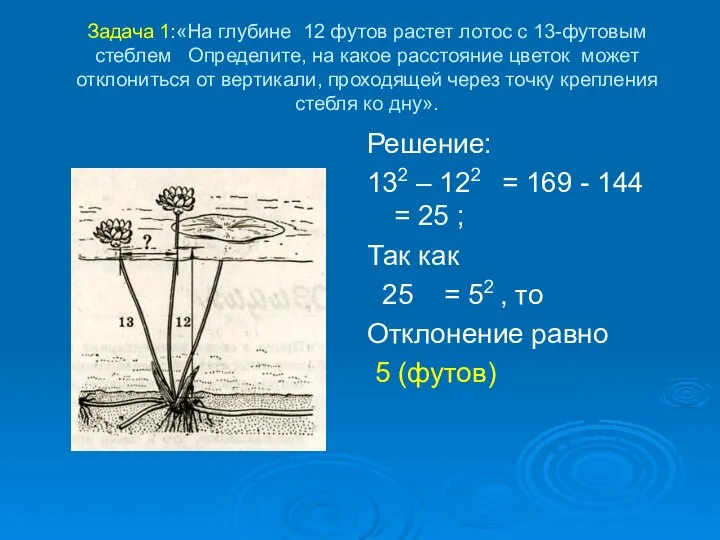 Задача 1:«На глубине 12 футов растет лотос с 13-футовым стеблем Определите,