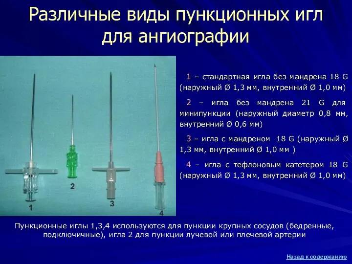 Различные виды пункционных игл для ангиографии 1 – стандартная игла без